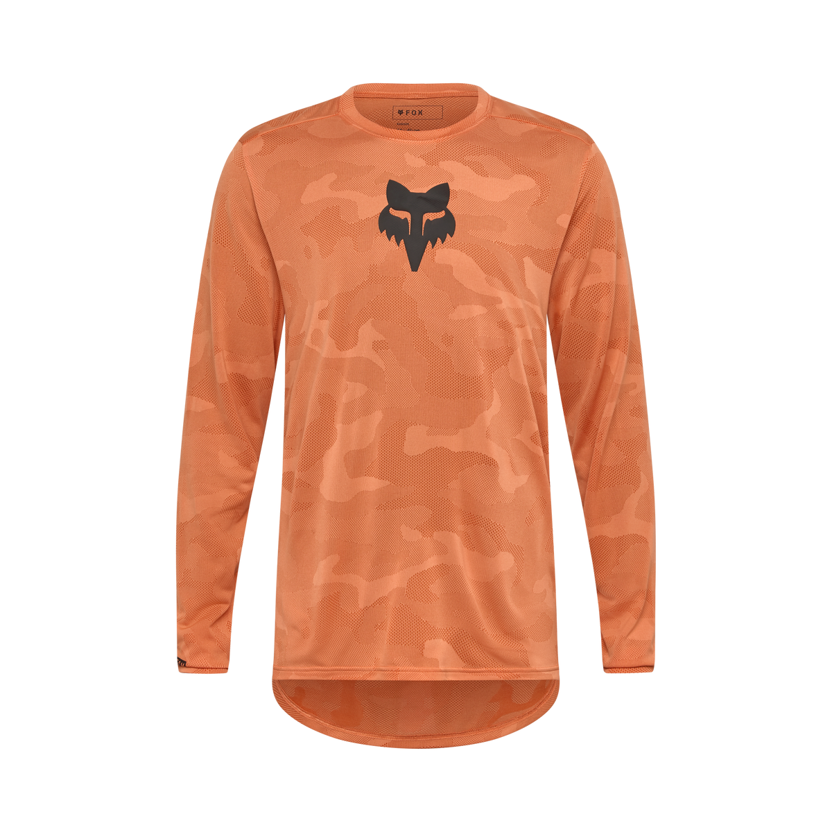 Fox Ranger Long Sleeve Jersey in orange tonal camouflage pattern with black Fox logo