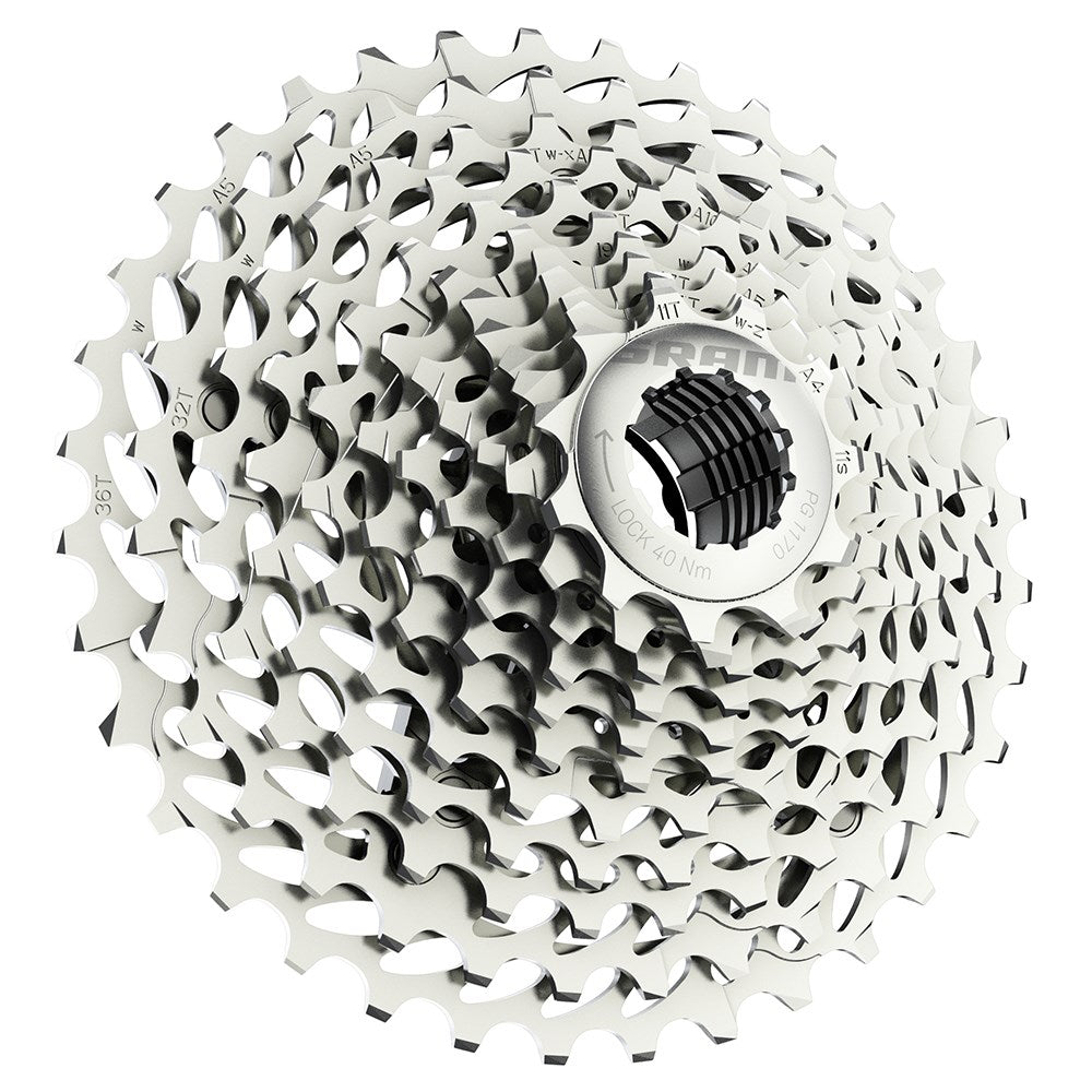 SRAM Force 11-speed bicycle cassette in silver with multiple gear cogs