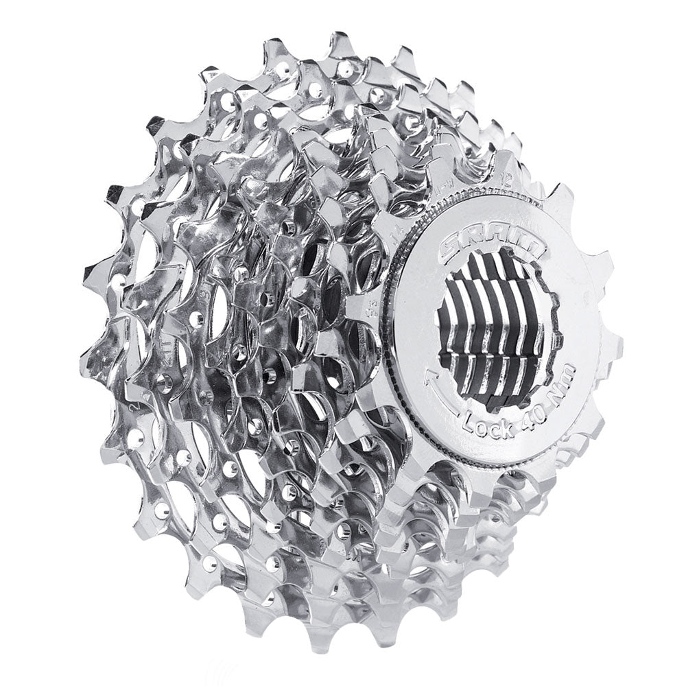 SRAM PG950 9-speed bicycle cassette with silver metallic finish on white background