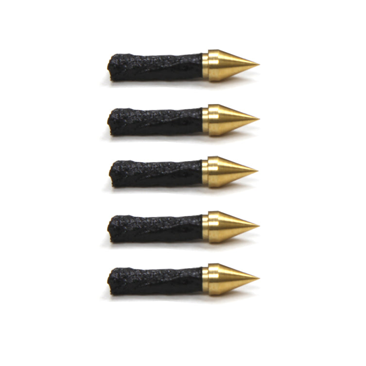 Five Dynaplug tubeless tire repair plugs with black bodies and gold pointed tips