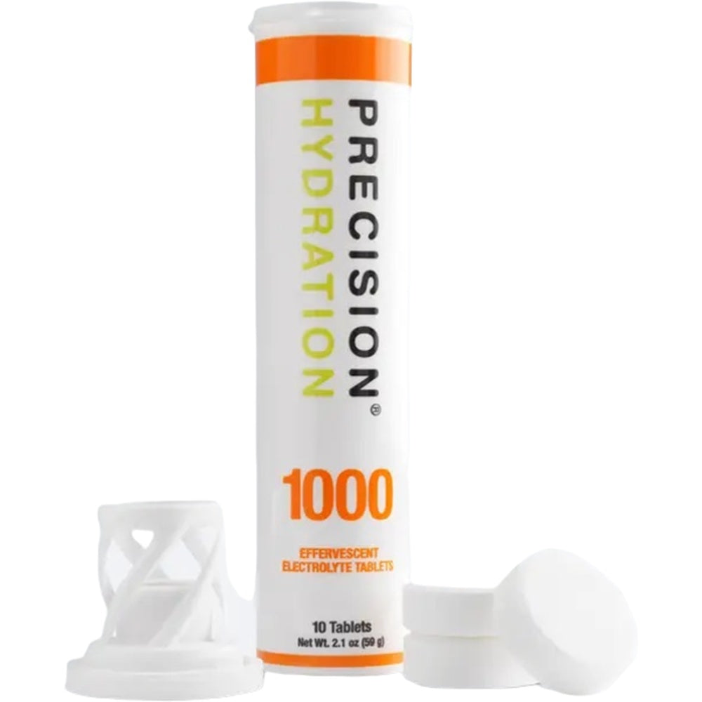 Precision Hydration 1000 Effervescent Electrolyte Tablets tube with 10 tablets, white container