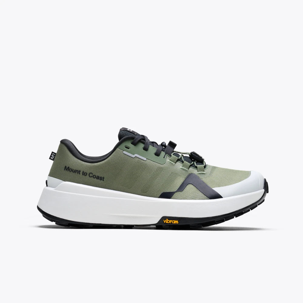Mount to Coast M1 Trail Running Shoe in moss green with white midsole and Vibram outsole