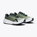 Mount to Coast M1 Trail Running Shoes pair in moss green shown at three-quarter angle view