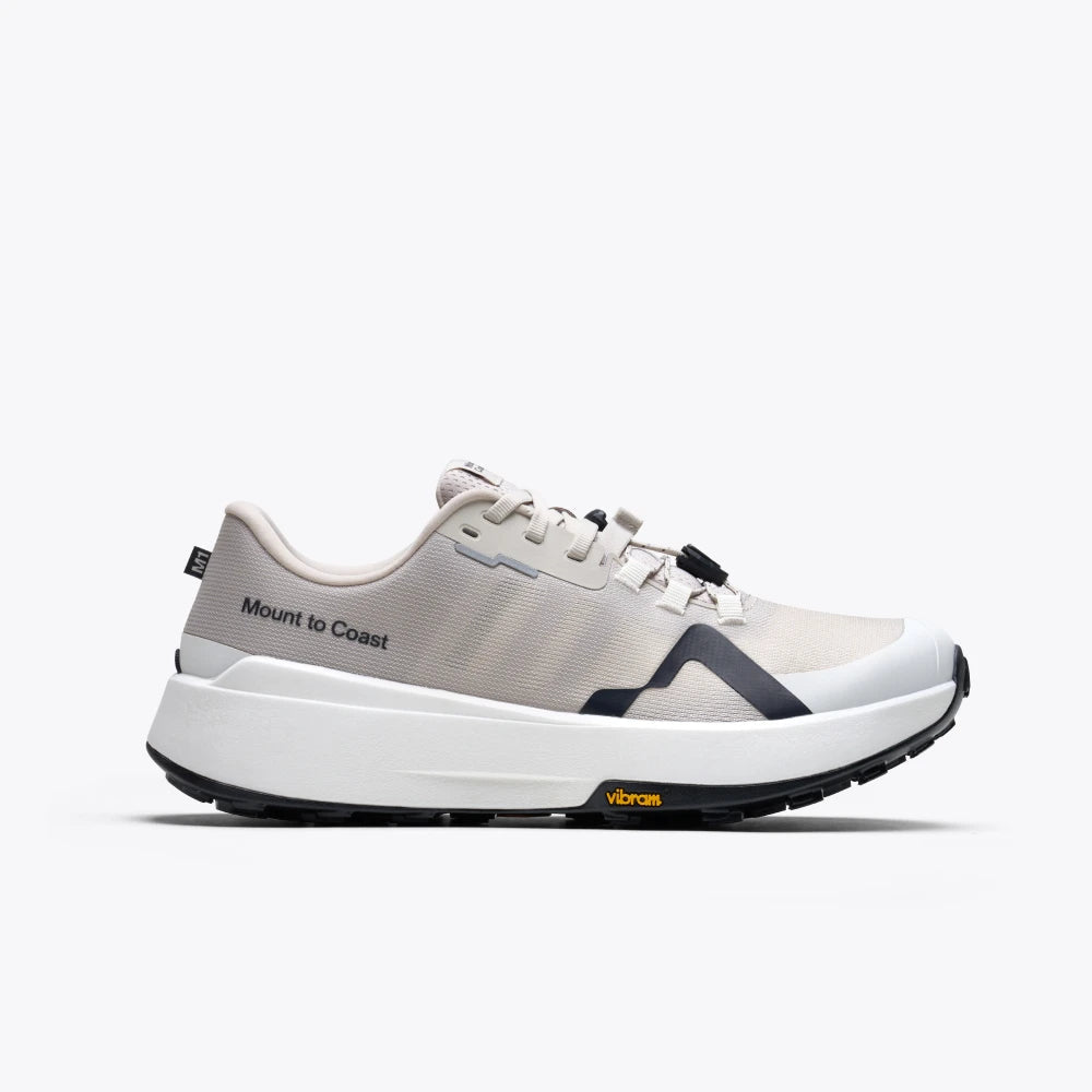 Mount to Coast M1 Trail Running Shoe in oatmeal with white midsole and Vibram outsole