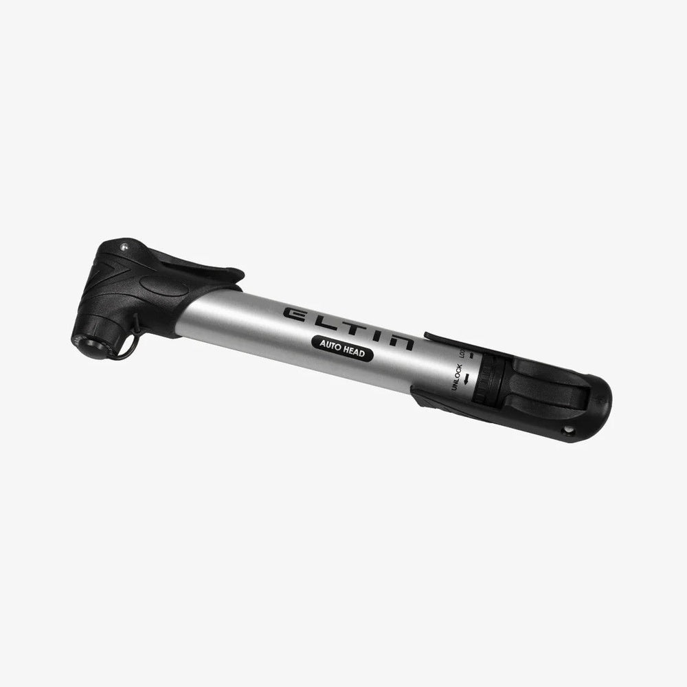 Eltin mini bike pump with silver aluminum body and black auto-head