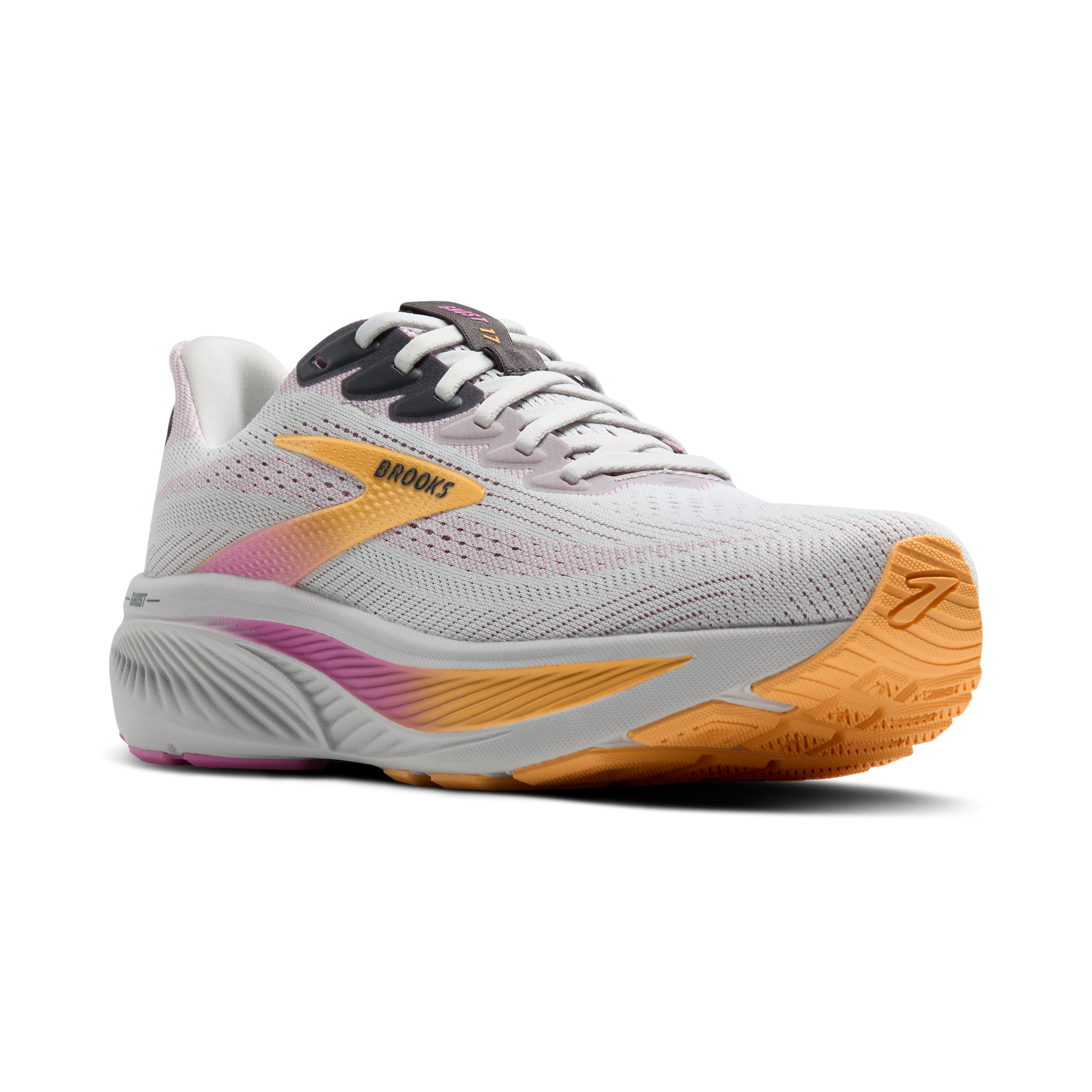 Brooks Ghost 17 women's running shoe in oyster gray with orange and pink colorway
