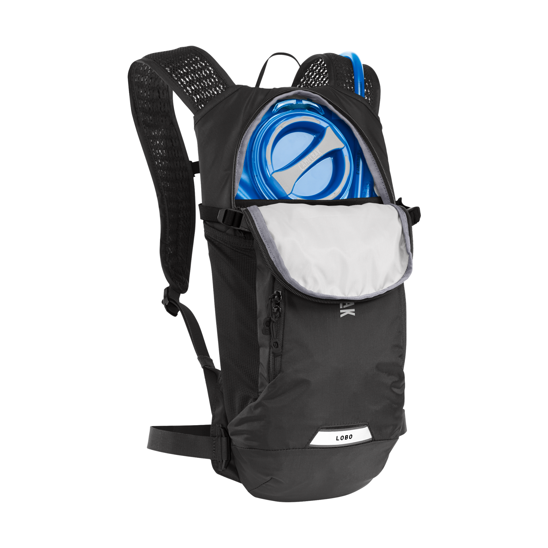 CamelBak Lobo 9 black hydration backpack with blue water reservoir visible
