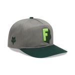 Fox Racing snapback hat in gray with dark green brim and neon green F logo patch