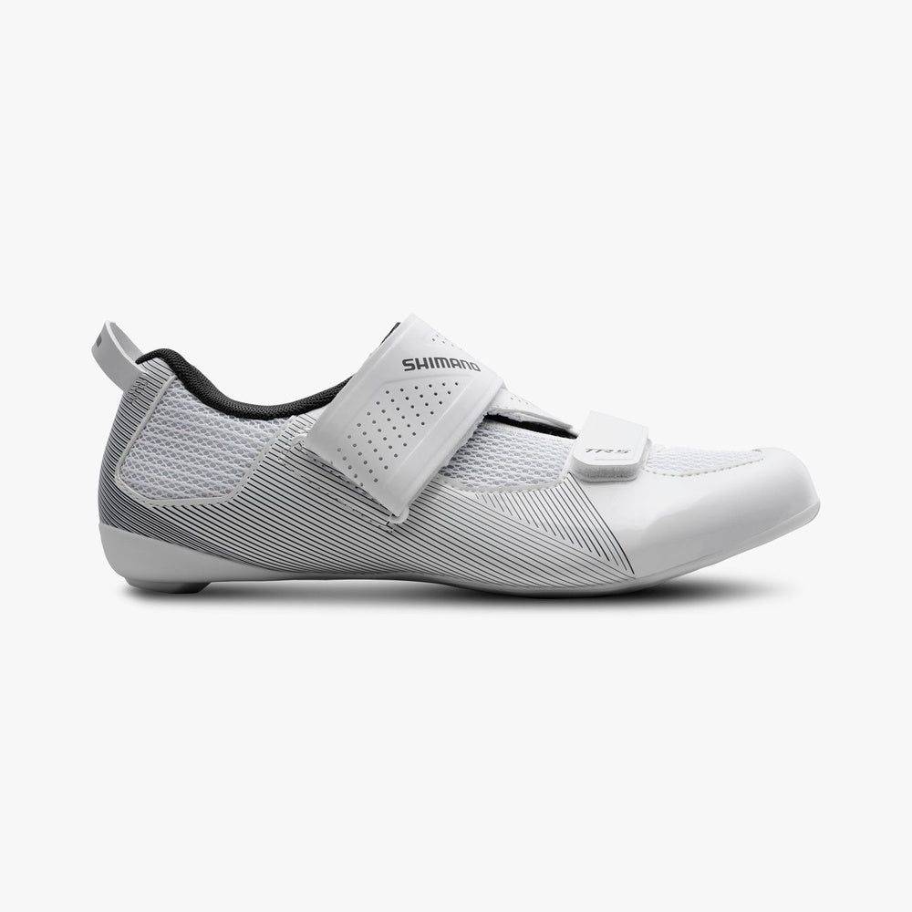 Shimano TR5 white cycling shoes with dual velcro straps and ventilation holes
