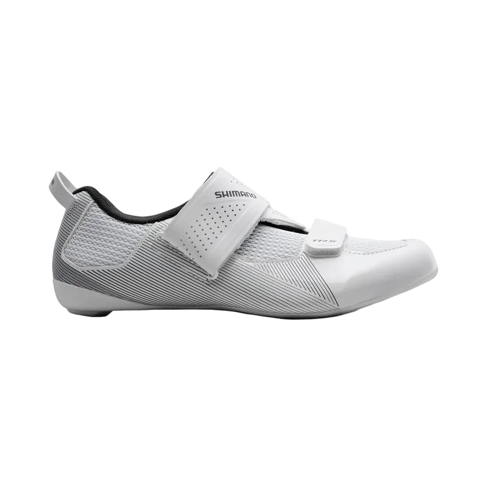 Shimano TR5 white cycling shoes with dual velcro straps and ventilation holes