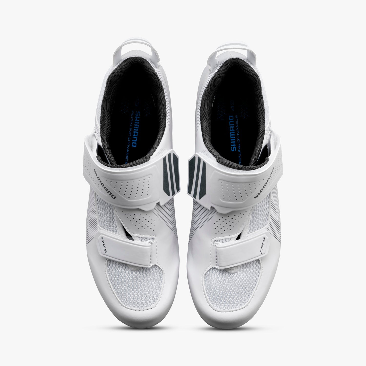 Shimano TR5 white cycling shoes with velcro straps and mesh ventilation