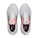 Brooks Ghost 17 men's running shoes in white with pink clay and gecko green accents, top-down view