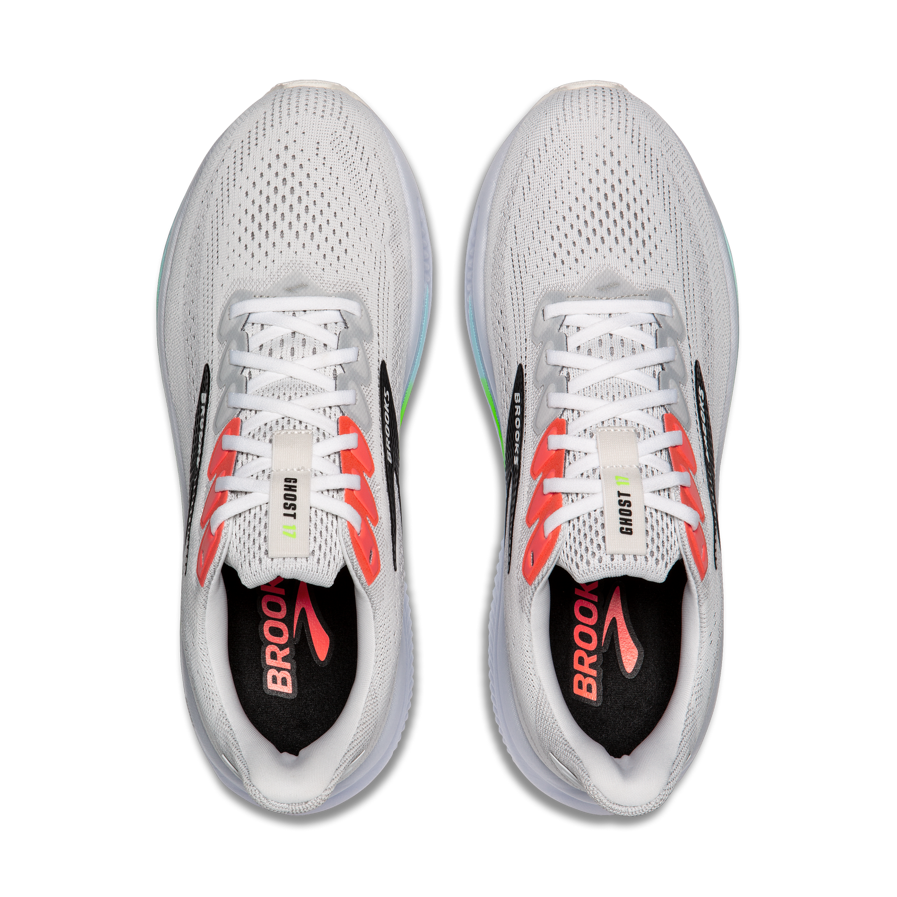 Brooks Ghost 17 men's running shoes in white with pink clay and gecko green accents, top-down view