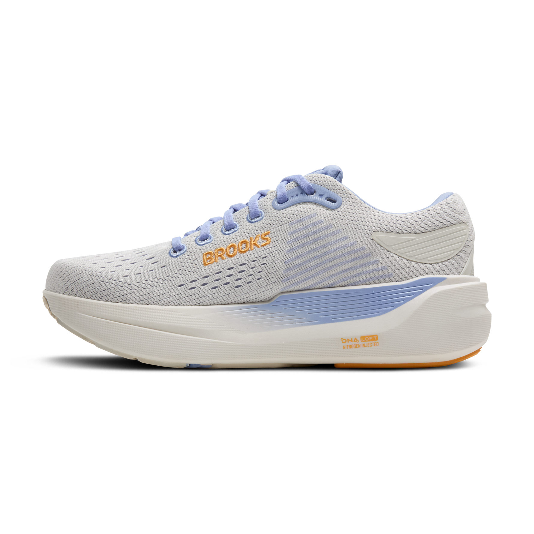 Brooks Ghost Max 3 women's running shoe in coconut gray with blue heron and orange details