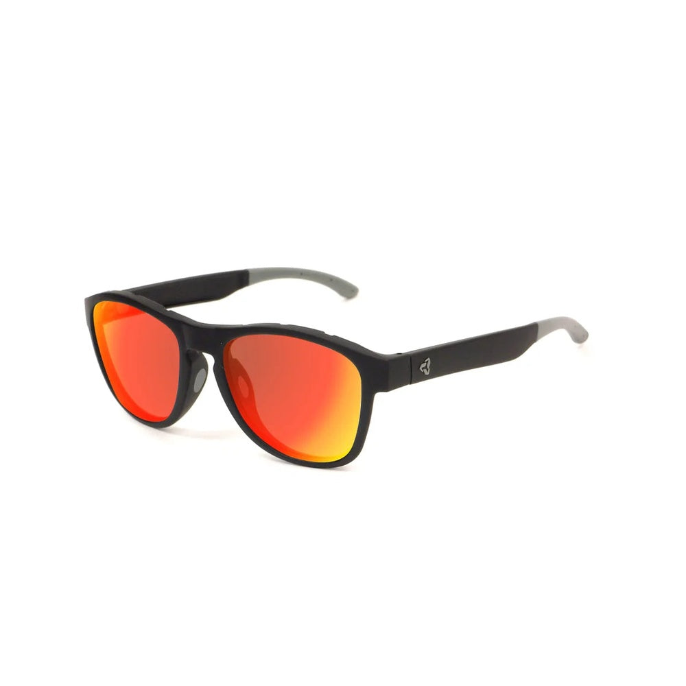 Ryders Eyewear Bourbon sunglasses with matte black frame and orange-red mirrored lenses