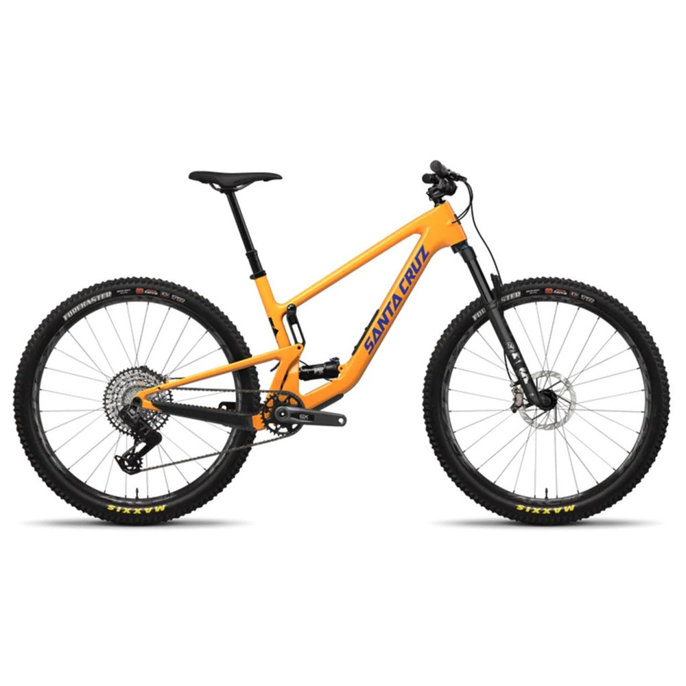 Orange Santa Cruz Tallboy mountain bike with full suspension on white background
