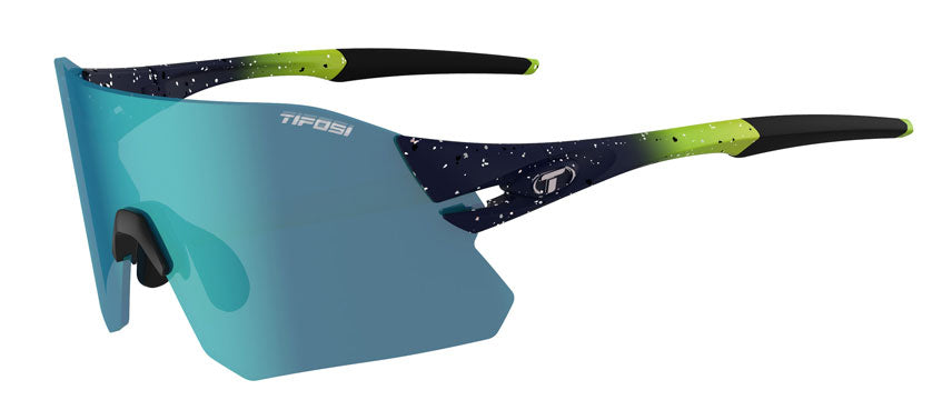 Tifosi Rail sunglasses with navy speckled frame, lime accents, and teal mirrored lens