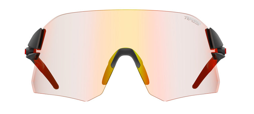 Tifosi Rail sunglasses with black frame, red temples, and gradient mirrored lens