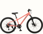 Retrospec Dart Plus 24-inch kids mountain bike in coral Fairy Floss color with disc brakes