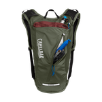 CamelBak Rogue hydration backpack in dusty olive with compartments open showing contents