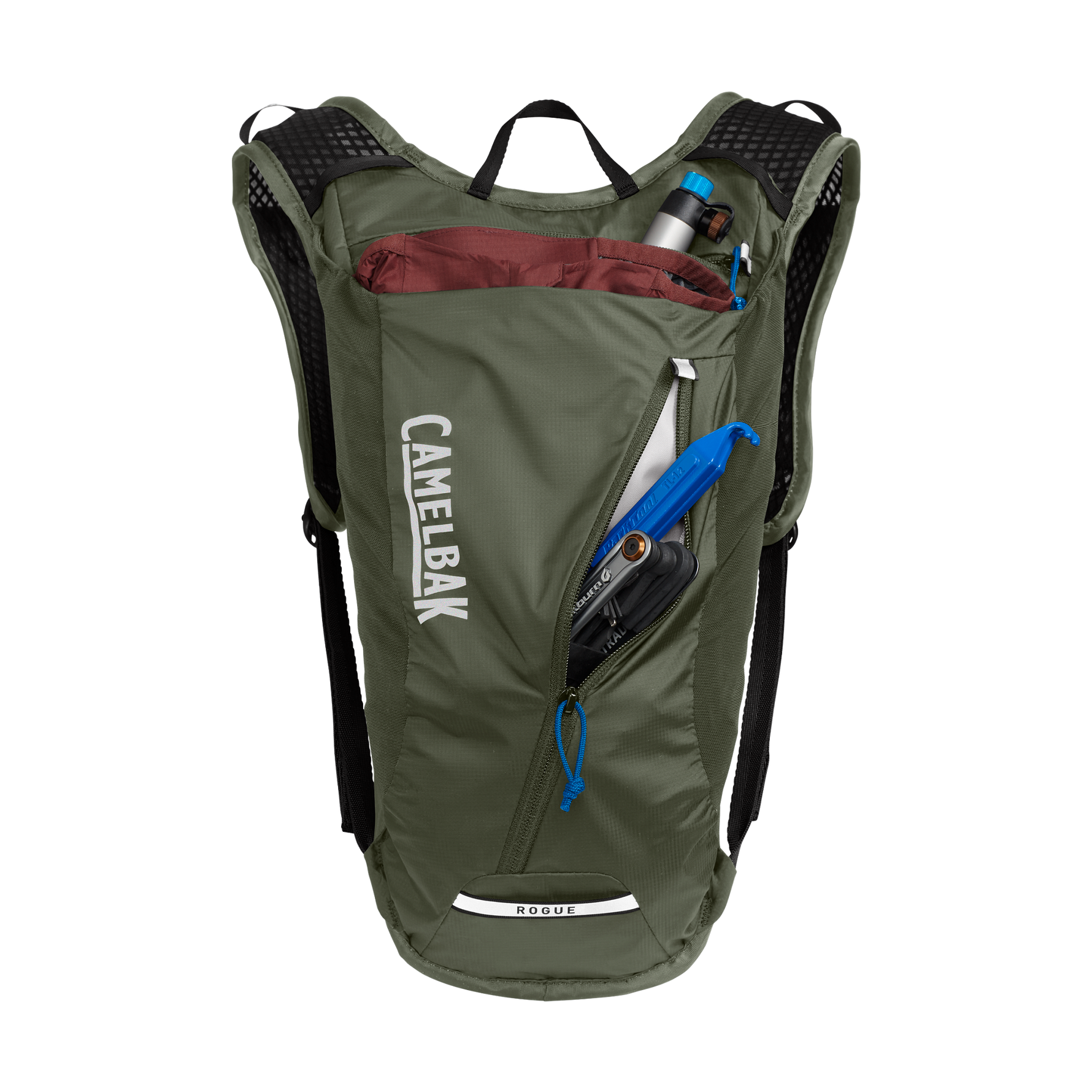 CamelBak Rogue hydration backpack in dusty olive with compartments open showing contents