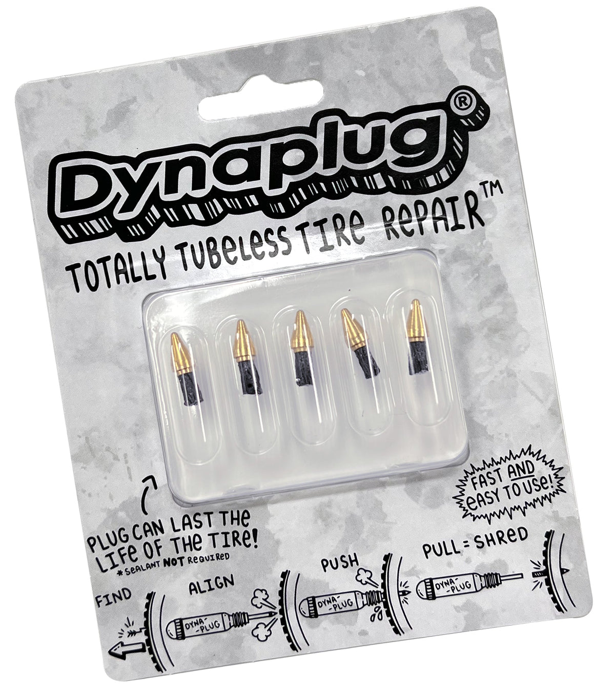 Dynaplug Tubeless Tire Repair 5-pack with gold-tipped pointed plugs in clear blister packaging