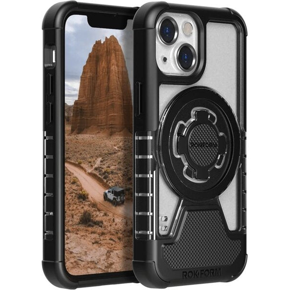 Rokform Crystal iPhone 13 Mini case with clear back, black ring mount and kickstand