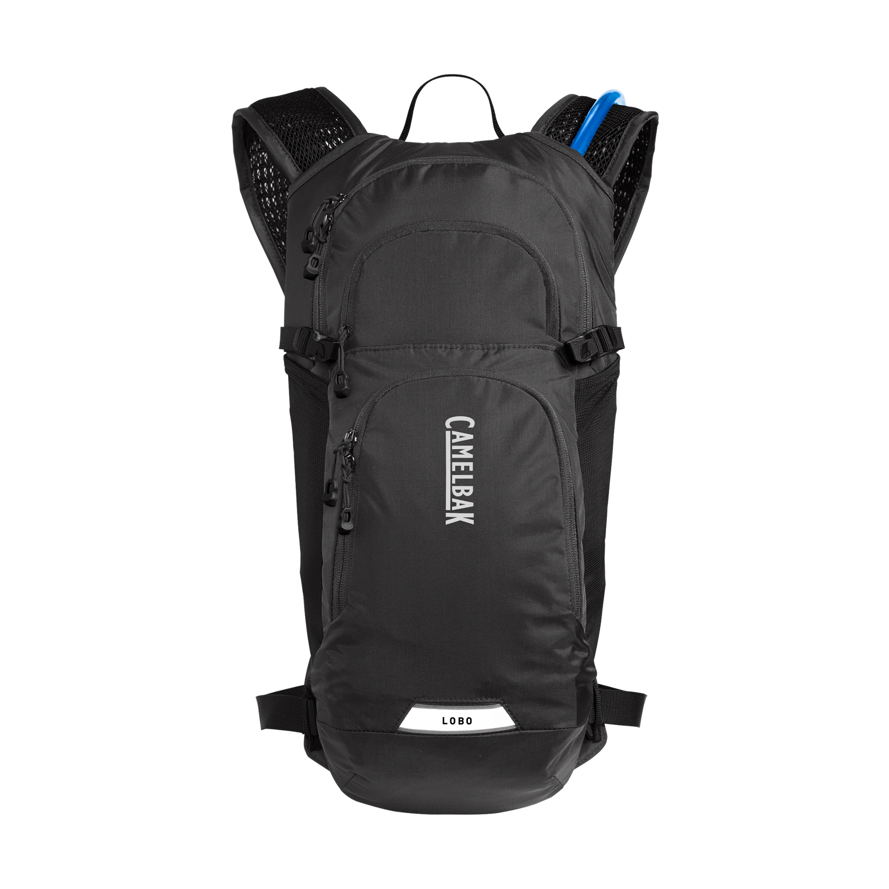 CamelBak Lobo black hydration backpack with mesh shoulder straps and blue accent