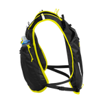 CamelBak Trail Run Vest in black with yellow trim, side view showing water bottle