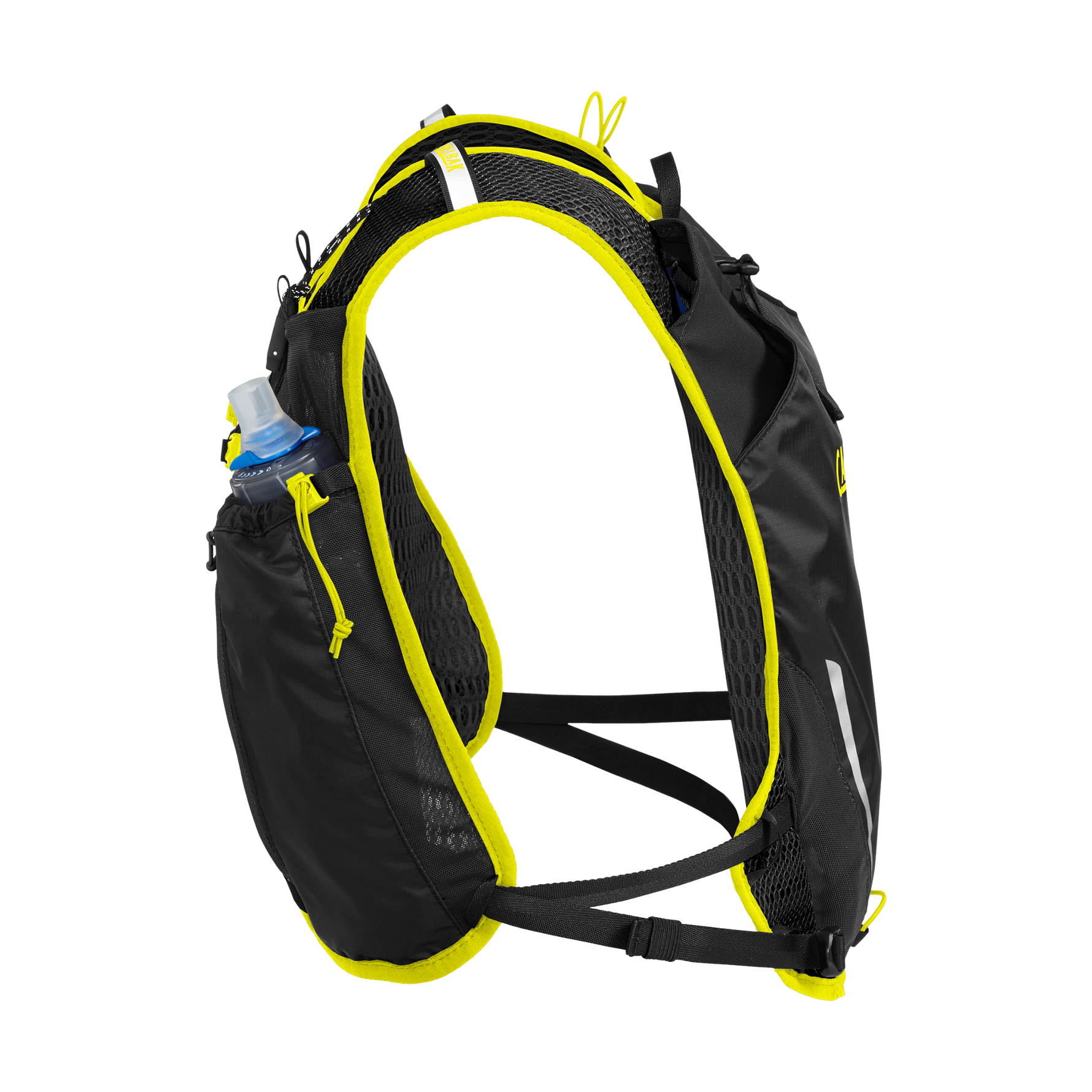 CamelBak Trail Run Vest in black with yellow trim, side view showing water bottle