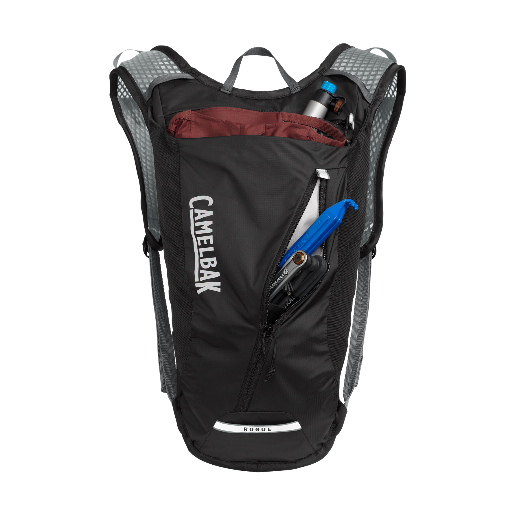 CamelBak Rogue hydration backpack in black with open compartment showing contents