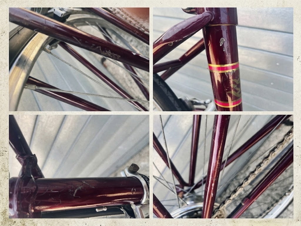 Close-up detail of vintage paint wear and patina on SUTEKI steel frame