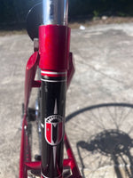 Matsuri head badge on the red head tube of the vintage FUNdamental Mixte bike