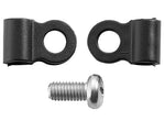 Specialized black cable guide components with mounting screw on white background