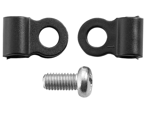 Specialized black cable guide components with mounting screw on white background
