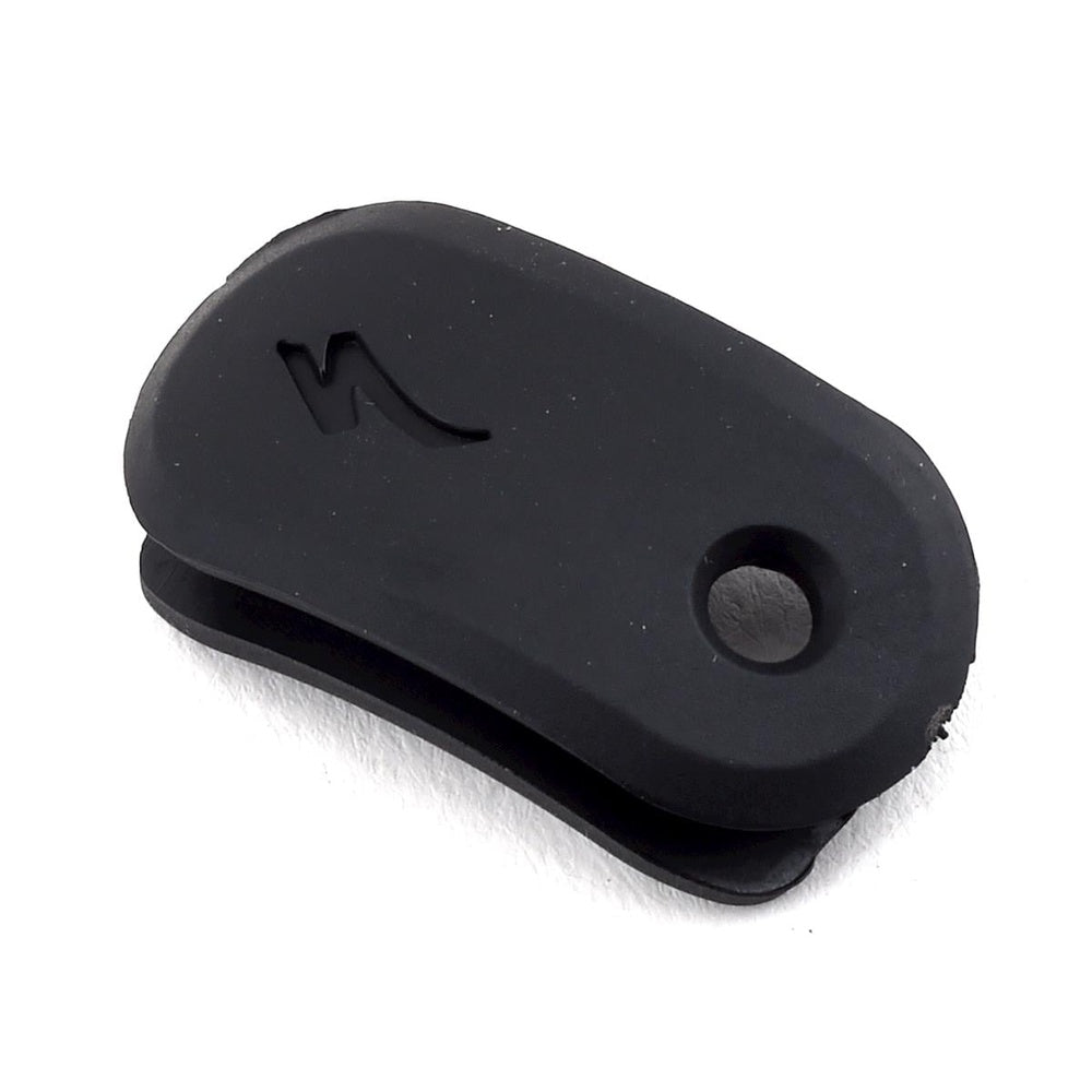 Black Specialized rubber bottom bracket cover with logo and circular opening