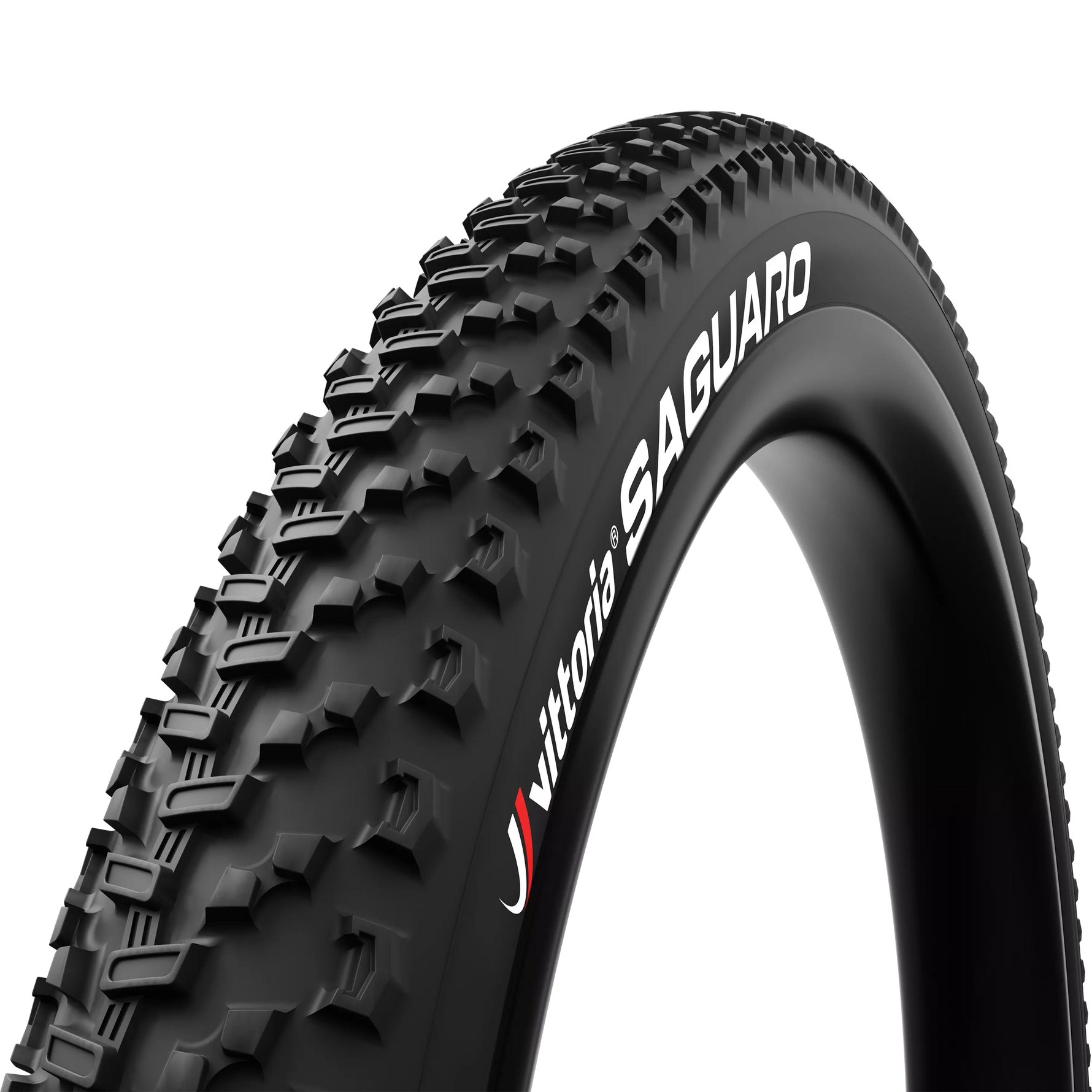Vittoria Saguaro mountain bike tire in black with white sidewall branding