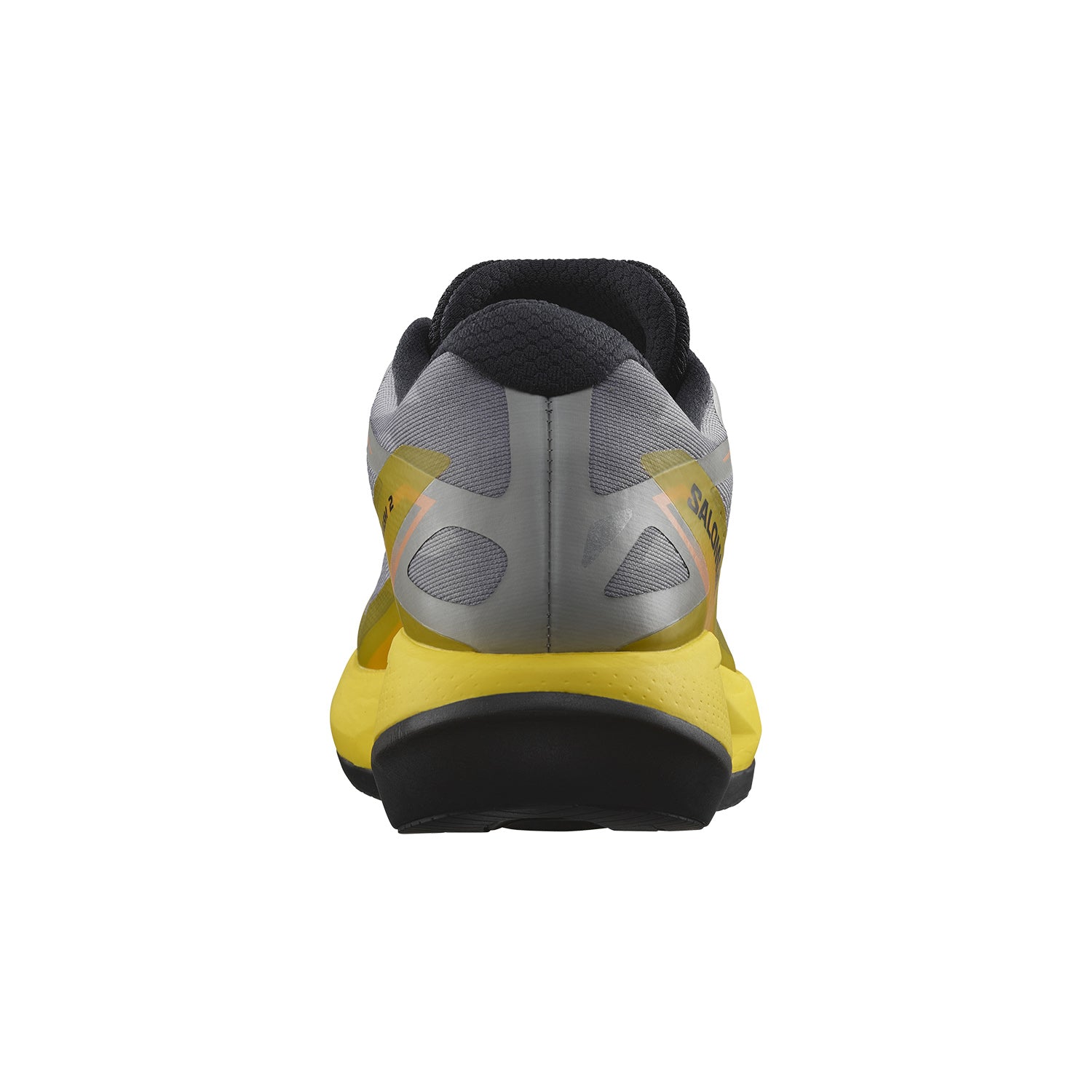 Salomon Phantasm 2 men's running shoe heel view in grey, yellow and black colorway