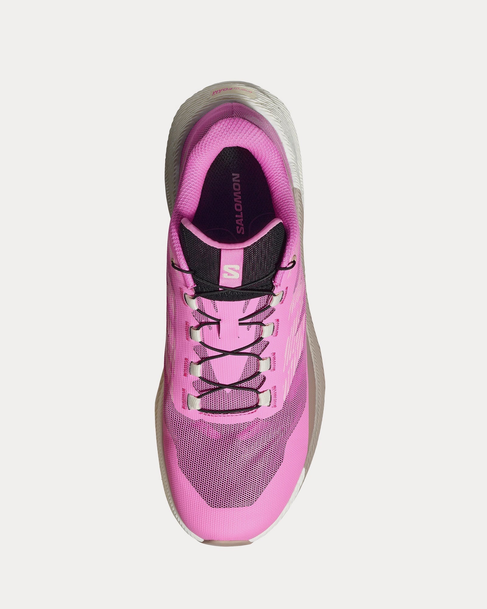 Salomon Pulsar women's running shoe in cyclamen pink with vanilla sole, top view