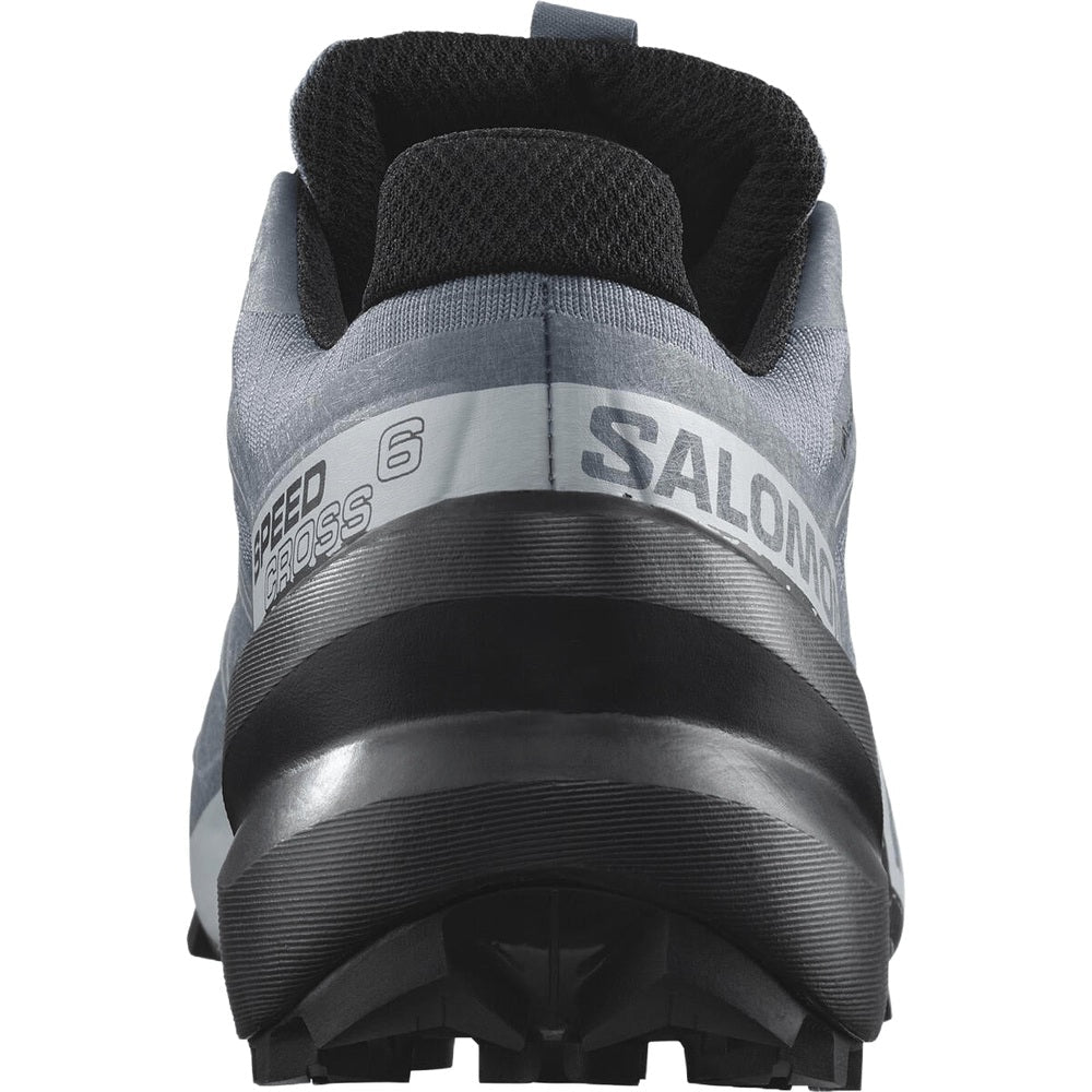 Salomon Speedcross 6 GTX trail running shoe heel view in gray and black