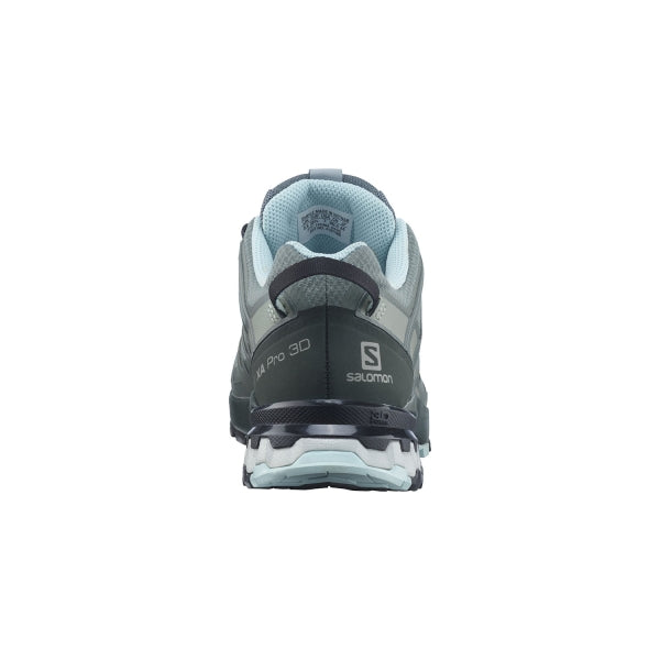 Salomon XA Pro 3D v8 GTX women's trail running shoe in Balsam Green colorway, rear view