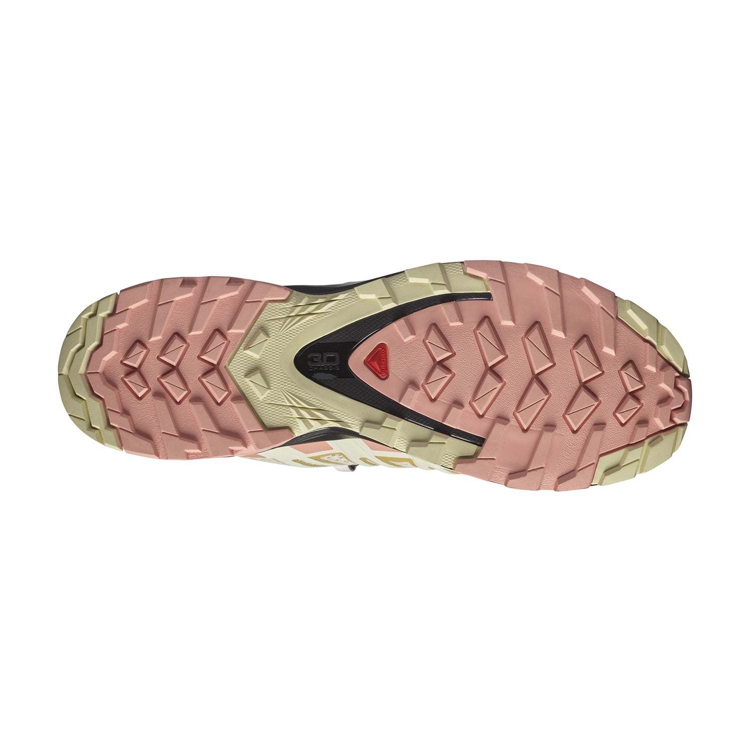 Salomon XA Pro 3D v8 women's trail running shoe sole in pink and green