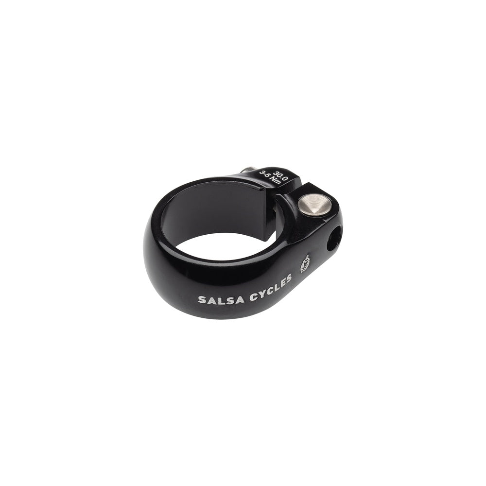 Salsa Cycles black seatpost clamp with bolt-on design on white background