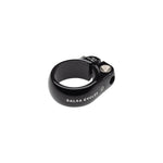Salsa Cycles black seatpost clamp with bolt-on design on white background