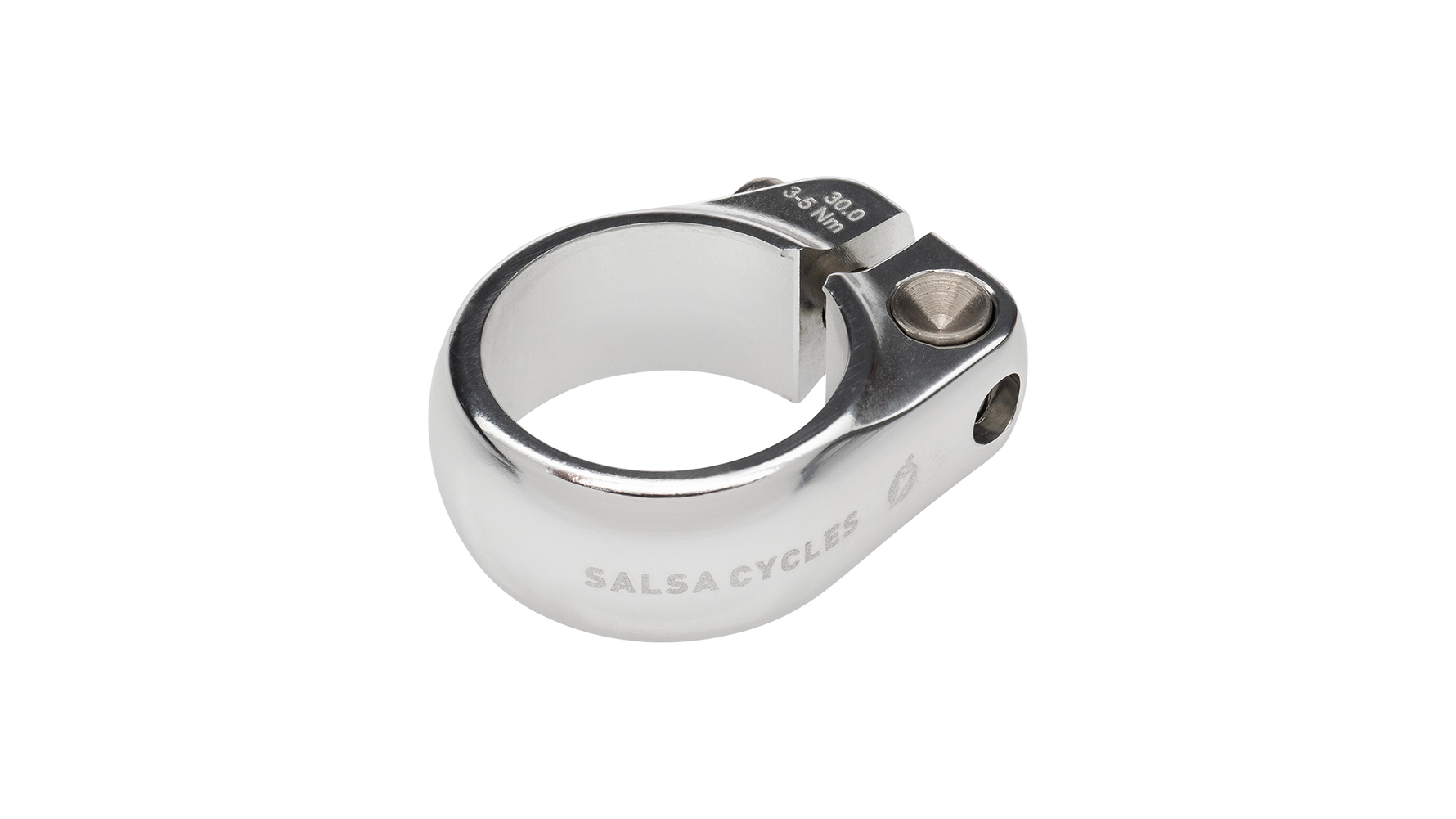 Salsa Cycles polished aluminum seatpost clamp with bolt mechanism on white background