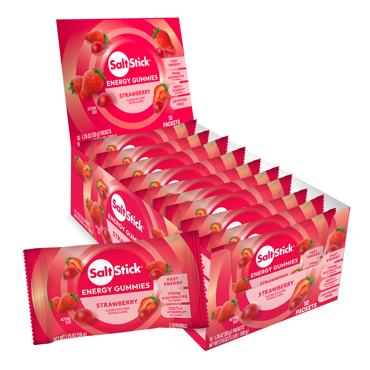 SaltStick Strawberry Energy Gummies box of 10 packets with individual packets displayed