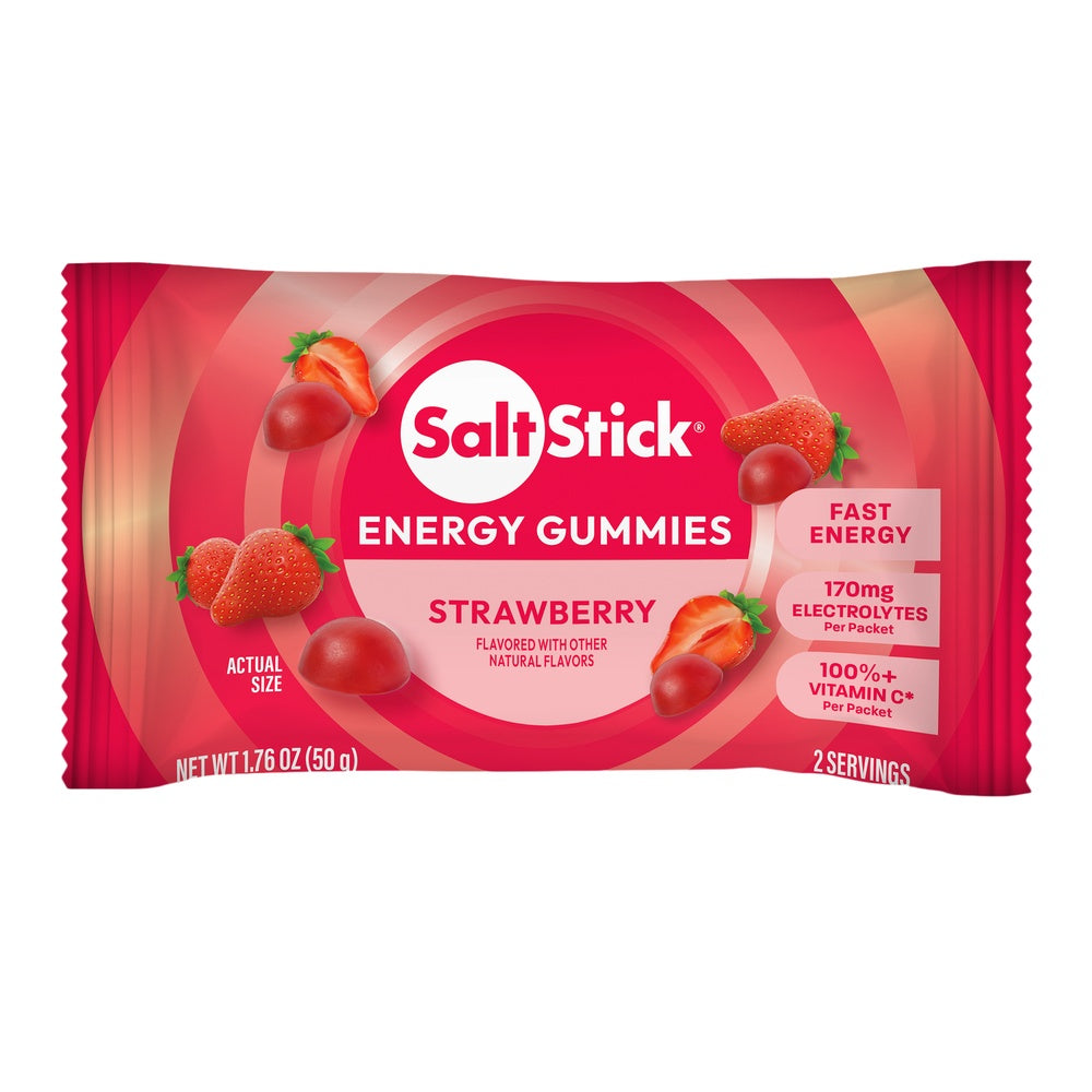 SaltStick Strawberry Energy Gummies single packet, red packaging with strawberry imagery