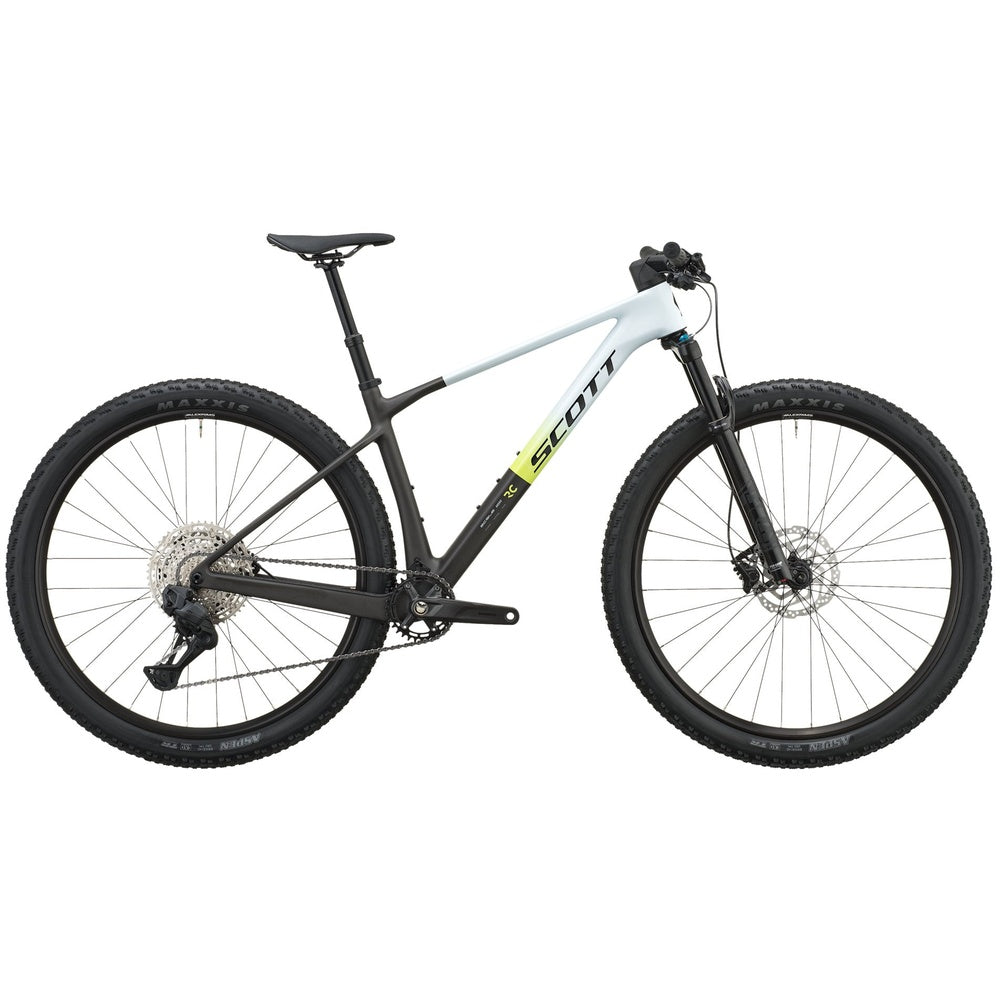 Scott Scale RC Comp mountain bike in carbon black and mirage blue colorway on white background