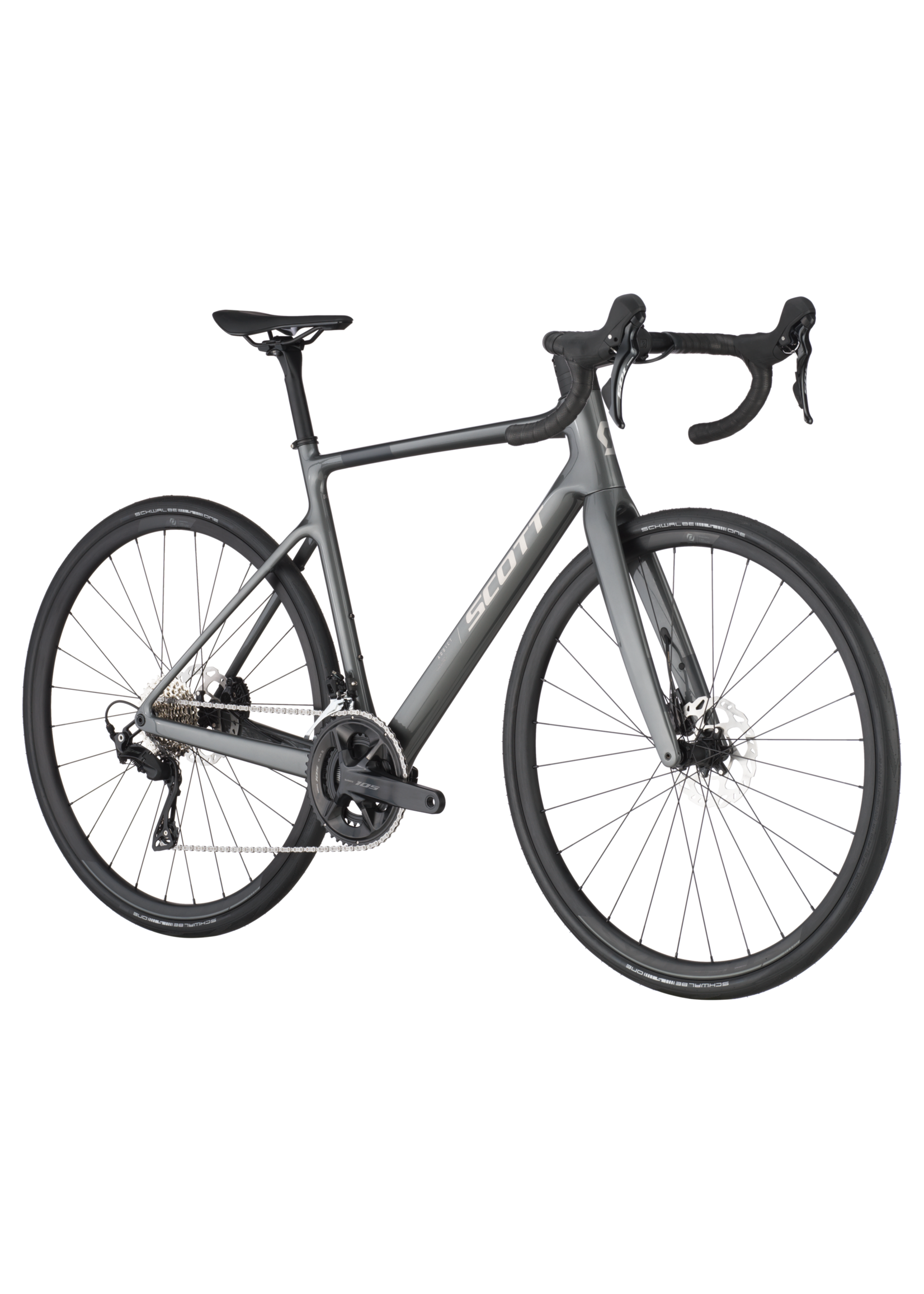 Scott Addict 50 road bike in carbon grey with drop handlebars and disc brakes