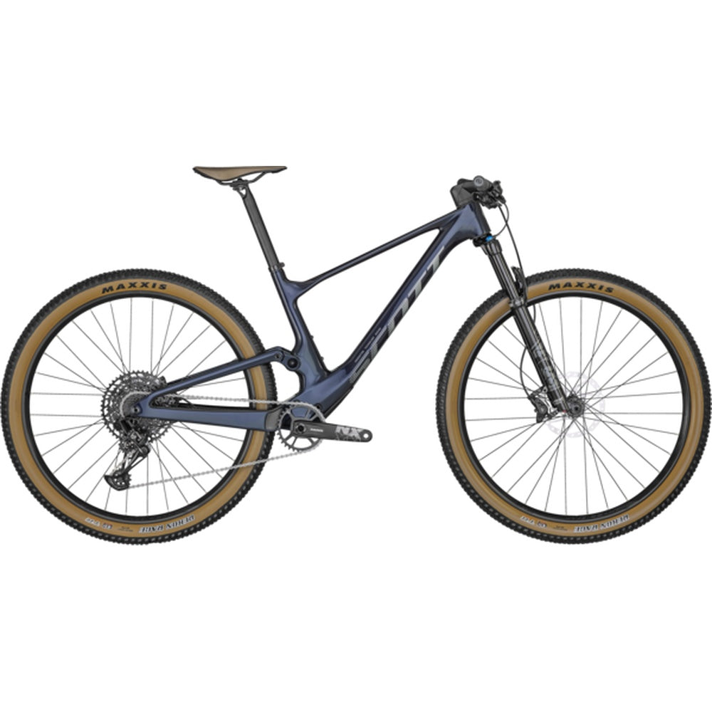 Scott Spark RC Comp mountain bike in dark blue with tan wall tires